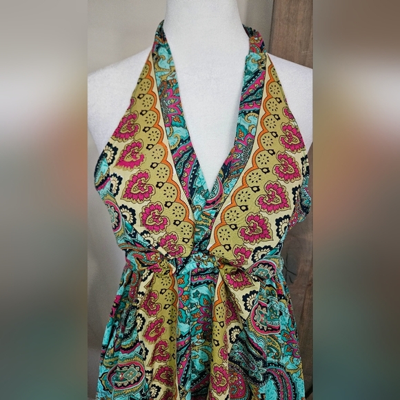 ASHLEY TAYLOR Paisley Silk Blend Halter Dress In Blue/yellow Mult. Size O/S NWT - Picture 4 of 11